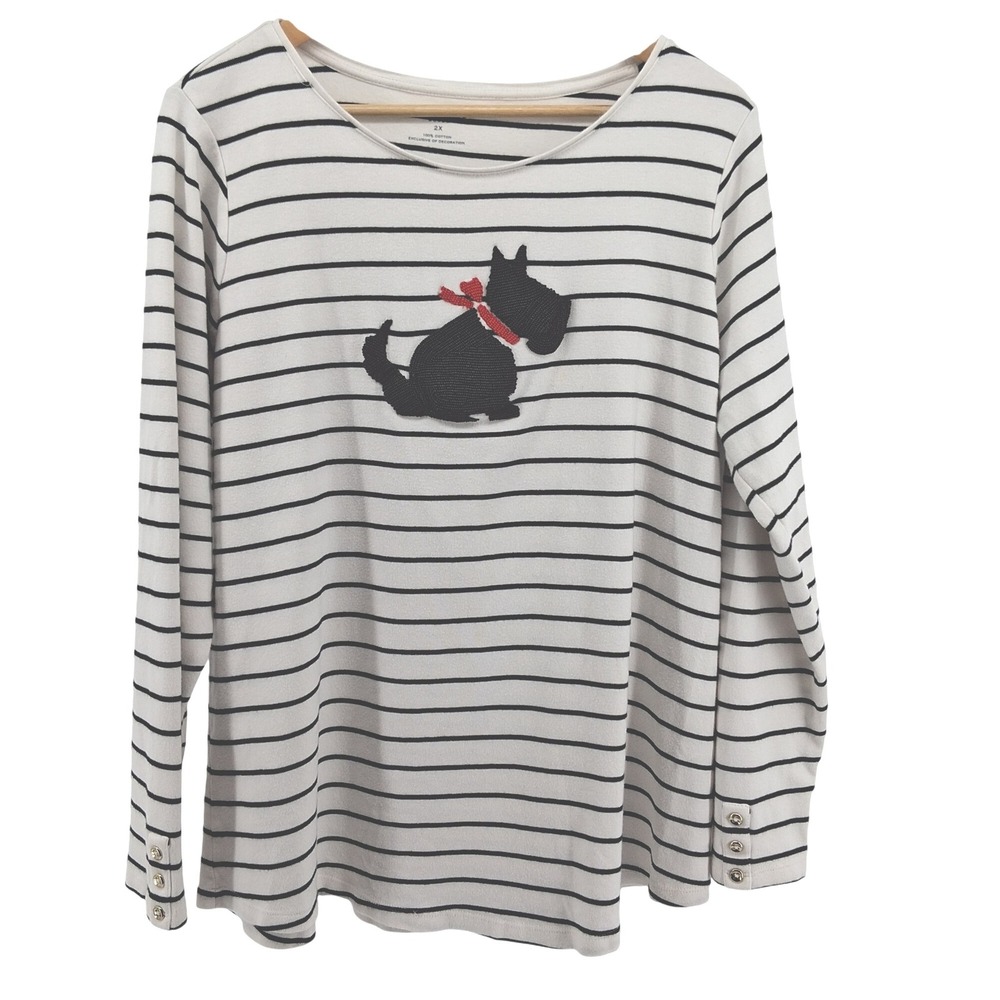 Charter Club Woman Sz 2X Striped Scottie Dog Beaded Top Long Sleeve Plus Size - Picture 1 of 10